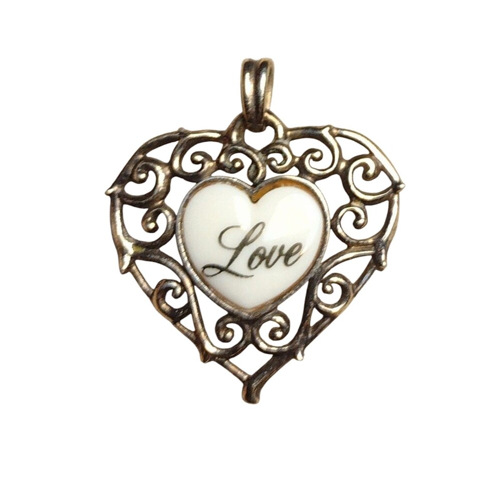 Vintage Lennox China Silver Silver 14k Gold Wash Heart Pendant